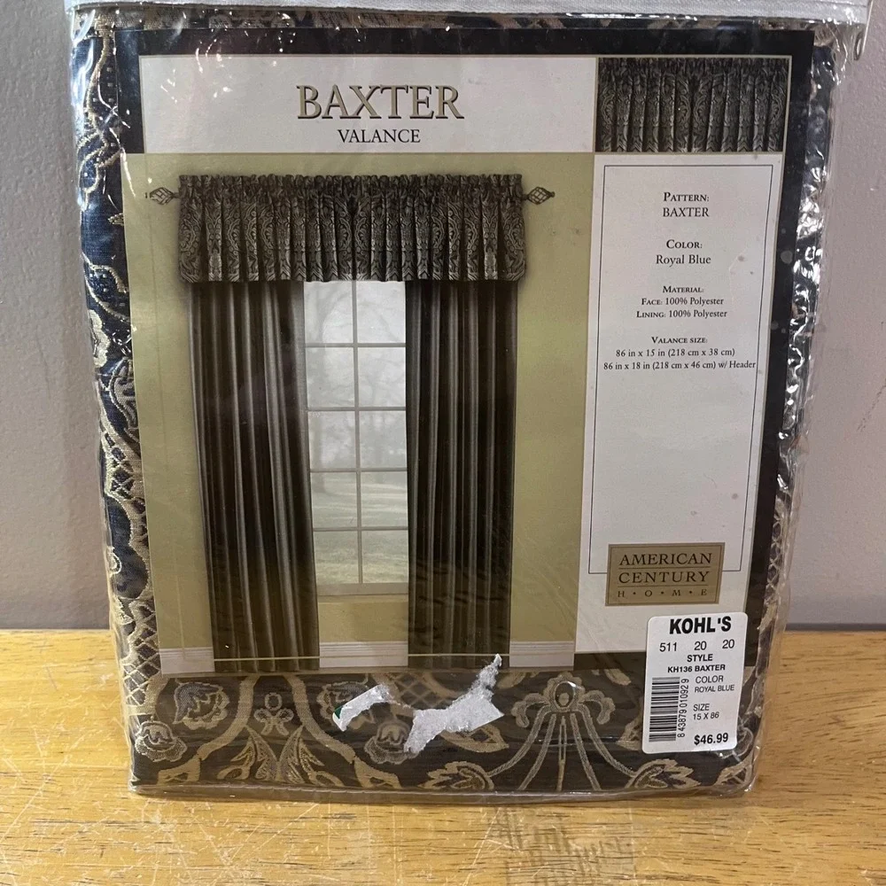 American Century Home Baxter Valance Royal Blue Gold Damask Jacquard 86x15 Lined